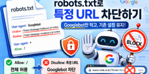 robots.txt 파일에서 Googlebot의 특정 URL 크롤링을 차단하는 설정 예시와 Allow, Disallow 규칙을 설명하는 이미지