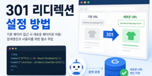 301 리디렉션 설정 방법을 설명하는 인포그래픽 이미지. 쇼핑몰 리뉴얼 후 기존 상품 URL을 새로운 URL로 이동시키는 과정을 시각적으로 표현했으며, 기존 URL과 새 URL 연결 구조, PHP header() 코드 예시, 검색엔진 로봇과 색인 저장 개념을 포함한 SEO 설명용 대표 이미지.