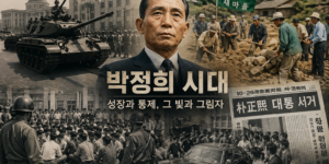 박정희 시대 주요 사건인 군사정변, 새마을운동, 시위 장면을 포함한 한국 현대사 이미지
