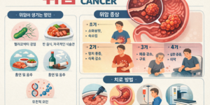 위암 발병 원인과 증상 치료 방법을 설명하는 의료 인포그래픽