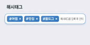 해시태그 입력 UI 화면으로, ‘해시태그’ 제목 아래 입력창에 #여행, #맛집, #블로그와 같은 태그가 파란색 버튼 형태로 표시되고 각 태그 옆에는 삭제 버튼(x)이 있으며, 오른쪽에는 “해시태그를 입력 후 엔터”라는 안내 문구가 보이는 웹 폼 인터페이스