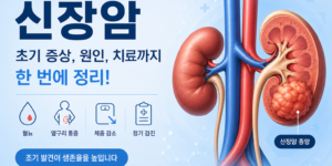 신장 위치와 종양을 강조한 신장암 의료 일러스트 이미지