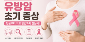 유방암 초기 증상과 자가검진 방법, 치료 과정 정보를 설명하는 핑크 리본 의료 인포그래픽 이미지