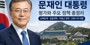 문재인 대통령이 청와대를 배경으로 서 있으며 남북관계, 검찰개혁, 부동산 정책, 코로나19 대응 등 주요 정책을 정리한 대표 이미지