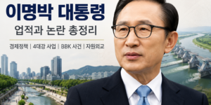 이명박 대통령 업적과 논란을 주제로 청계천 복원과 4대강 사업 배경 이미지가 함께 들어간 대표 이미지