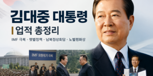 김대중 대통령 업적을 주제로 IMF 외환위기 극복, 햇볕정책, 남북정상회담, 노벨평화상 수상 장면을 구성한 대표 이미지
