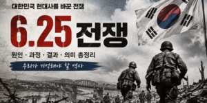 6.25 전쟁을 상징하는 국군과 태극기, 전쟁 폐허를 배경으로 한국전쟁의 원인과 과정, 결과를 설명하는 대표 이미지